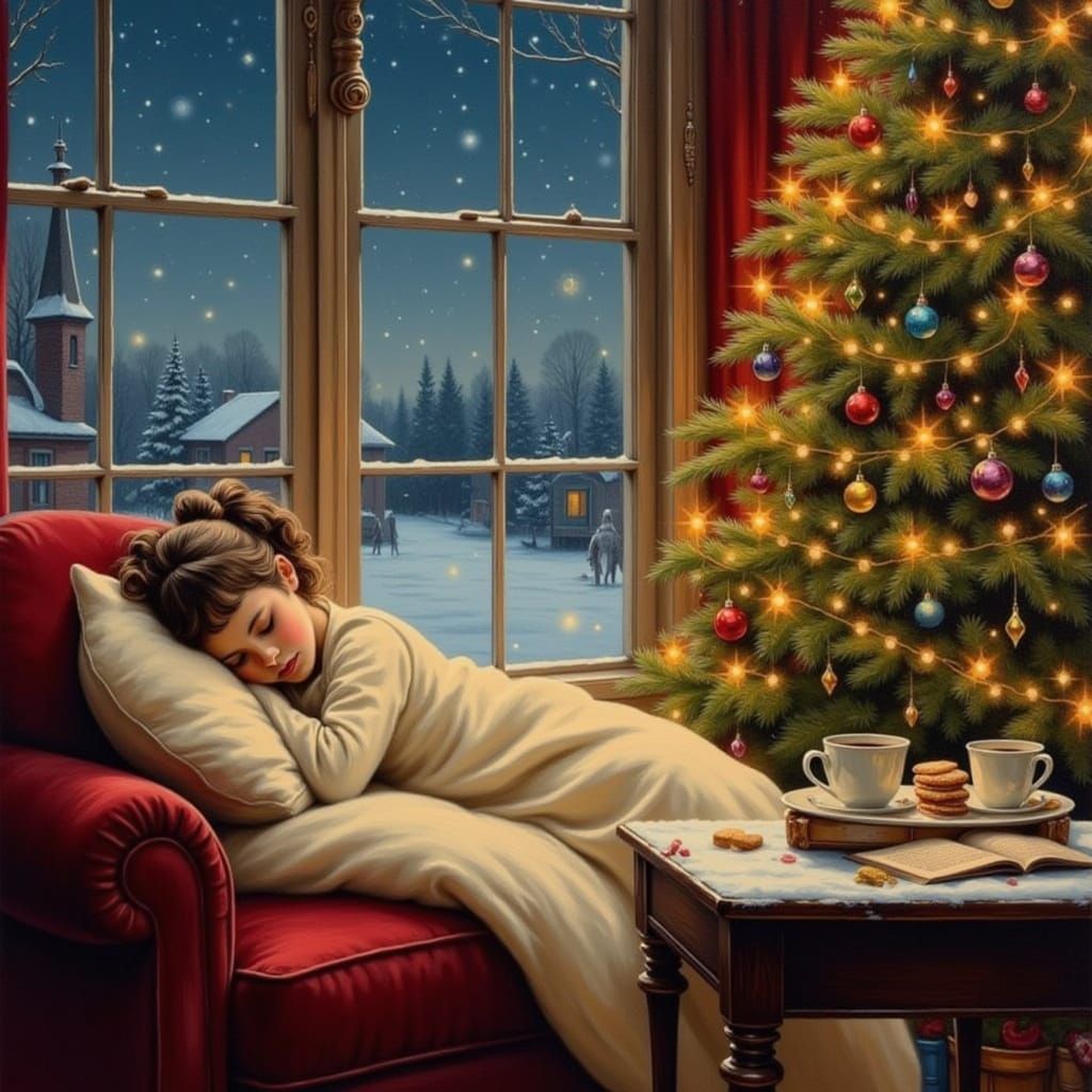 Impressionistic Oil Painting of Child Asleep on Red Couch