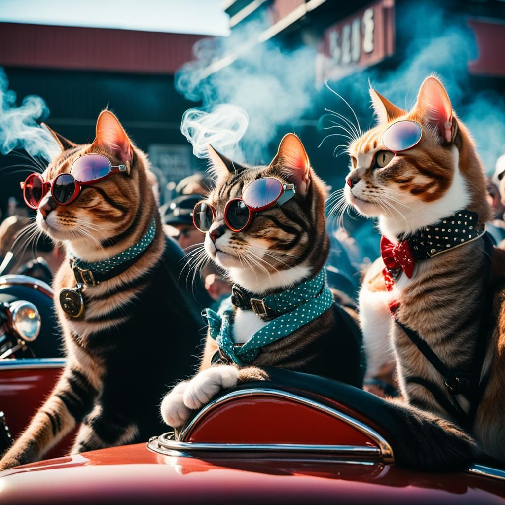 Rockabilly Cats at Car Race: Cinematic Film Still