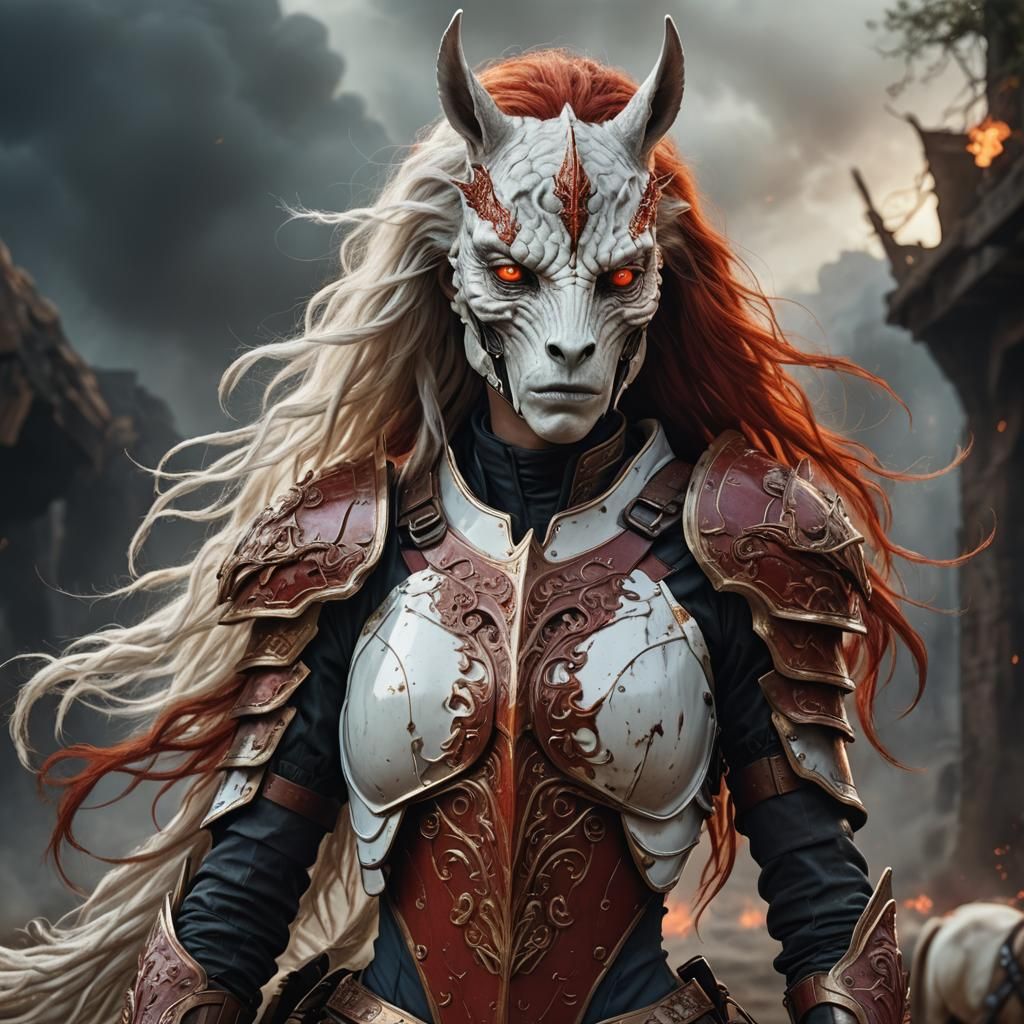 Equine Alien Woman with Fiery Mane in Red Armor