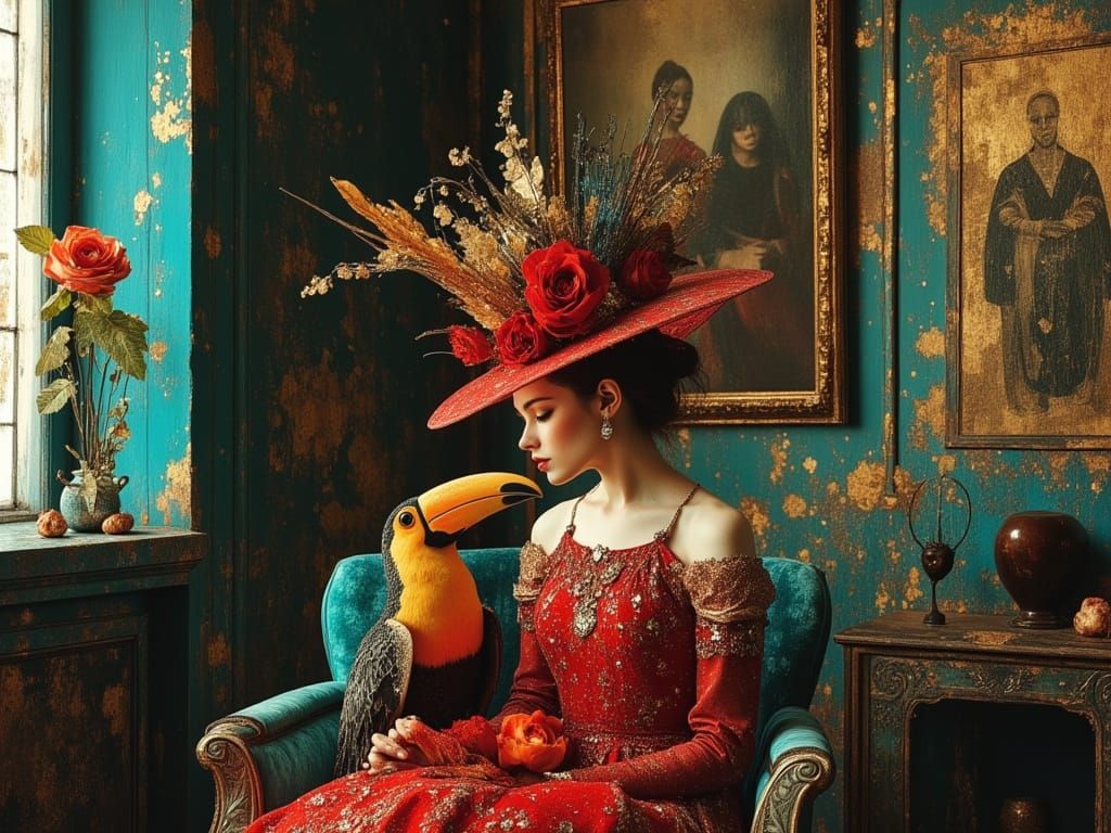 Red Baroness and Toucan Tea Party in Art Nouveau Style