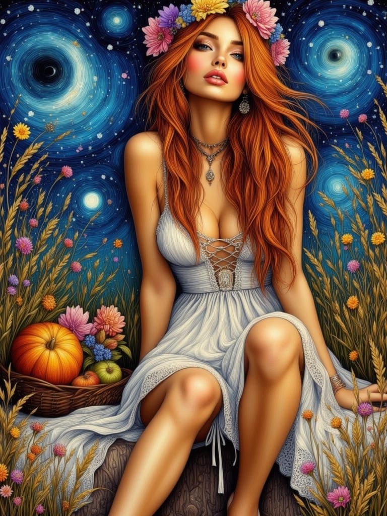 Bohemian Pin-Up Woman in Van Gogh Style