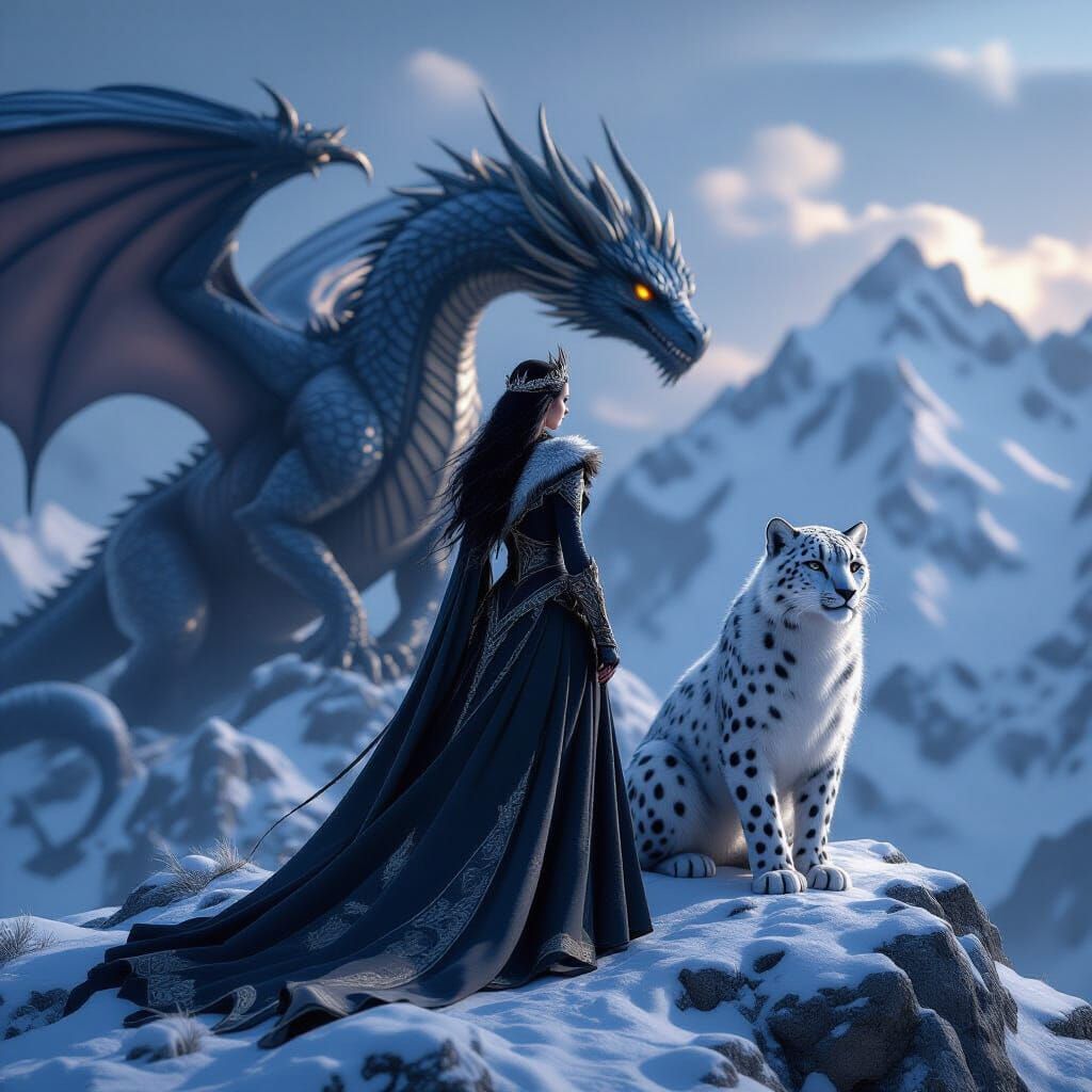 Dark Princess with Dragon and Snow Leopard on Mountain Peak