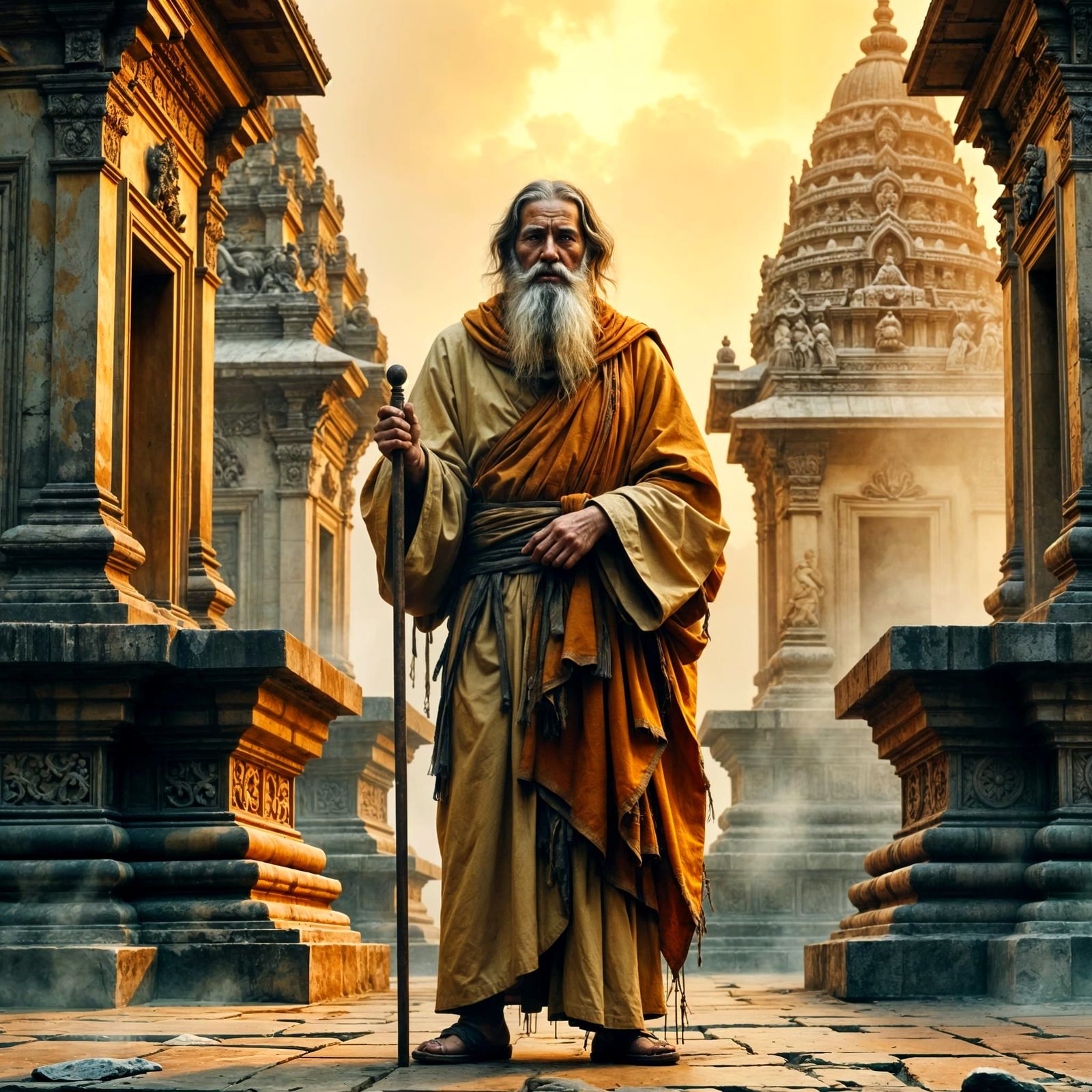 Elderly Monk in Golden Light: A Serene, Mystical Scene