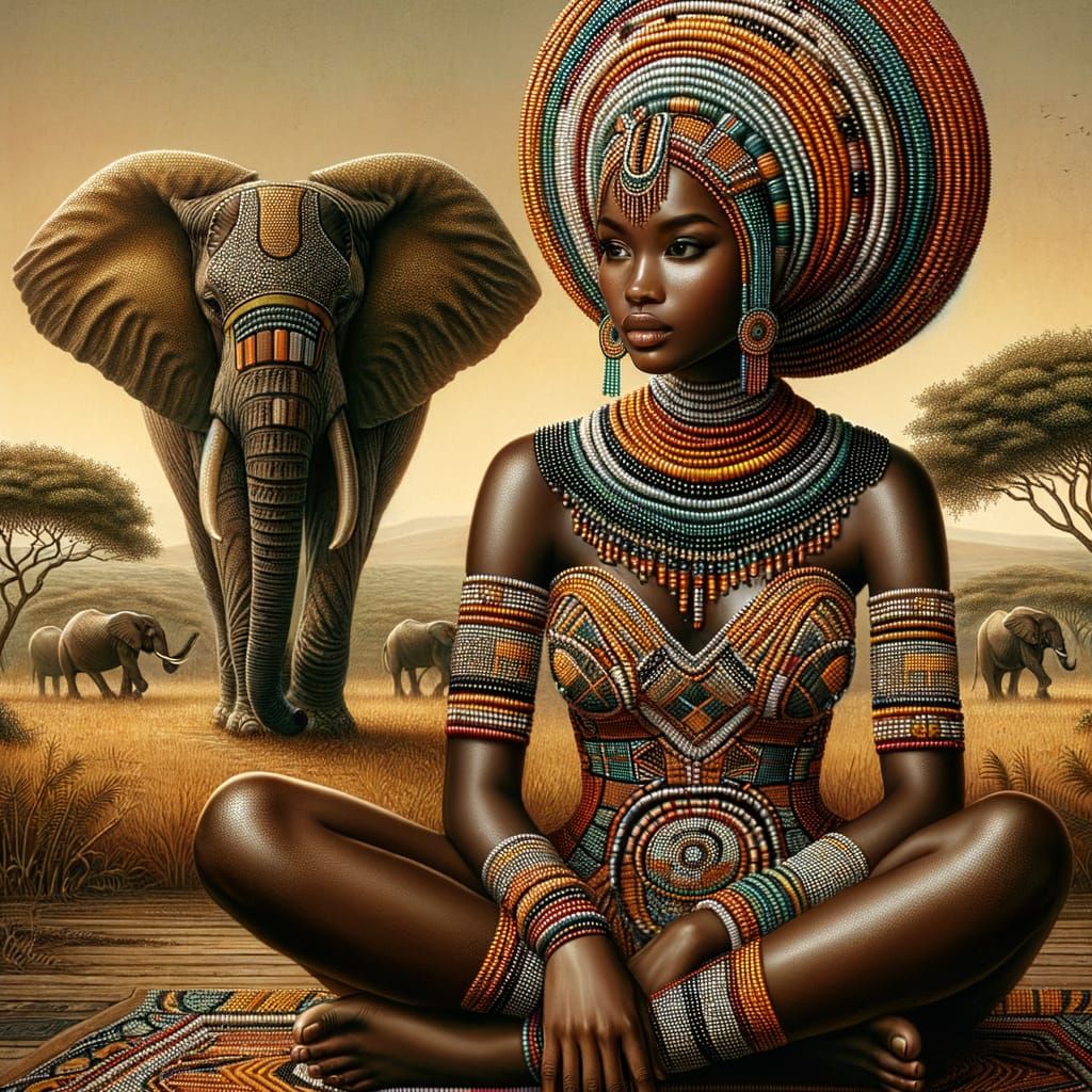 African Woman with Elephants in Traditional Art Style