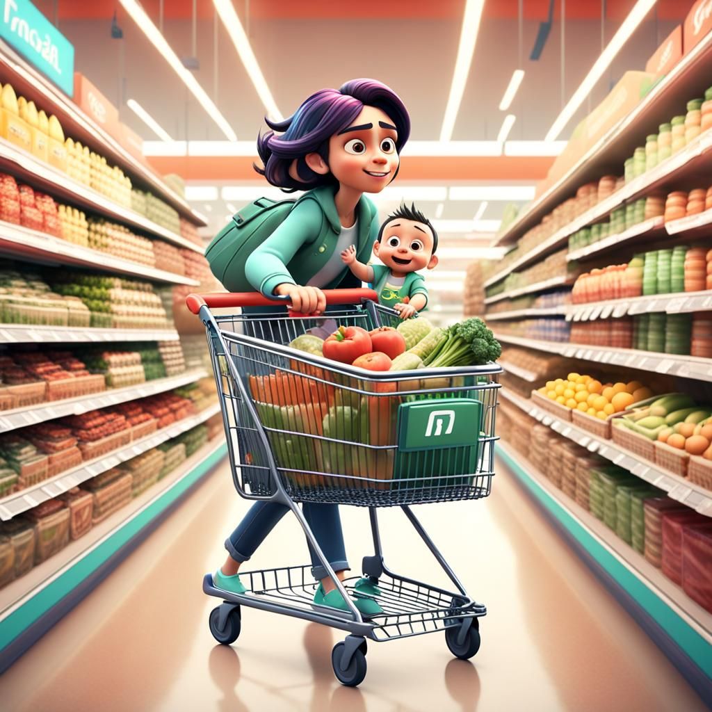 Mom speeding through a supermarket