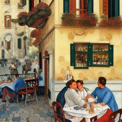 Italian Cafe View in Hyperrealistic Watercolor Style