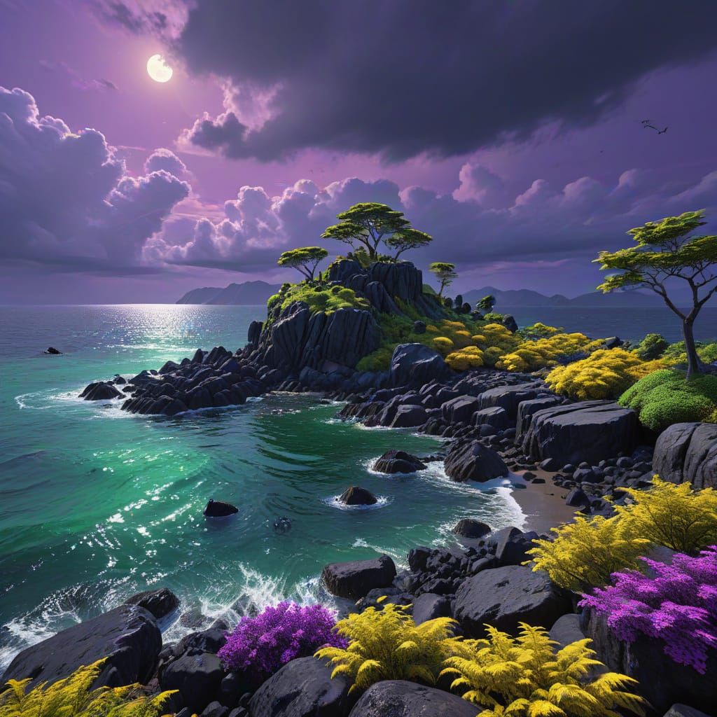 Vivid Digital Art of a Yellow Island in a Green Sea