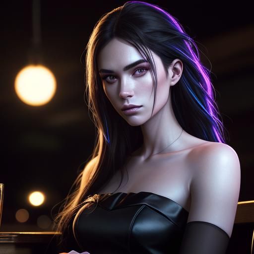 Captivating Woman at Bar in Hyperrealistic Digital Art
