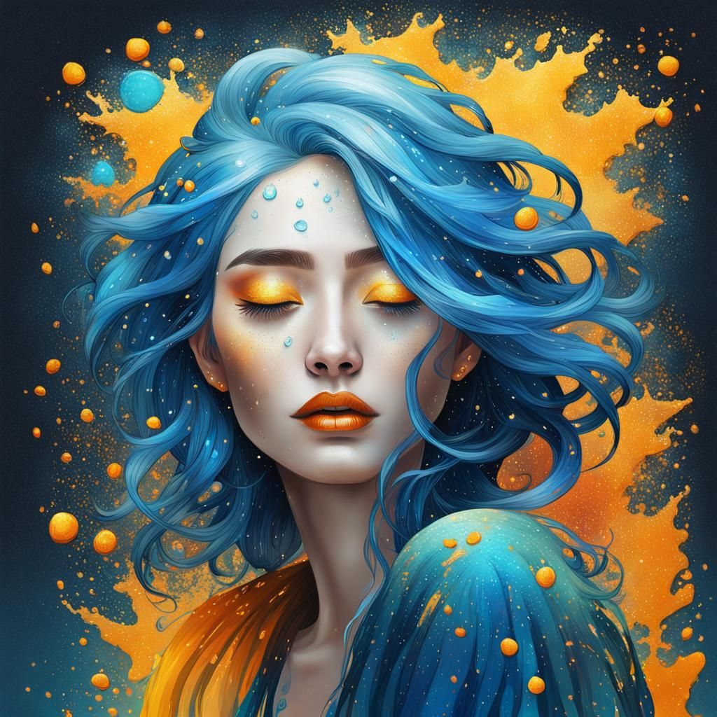 Romantic Portrait of Blue-Haired Girl in Xing Xing Style