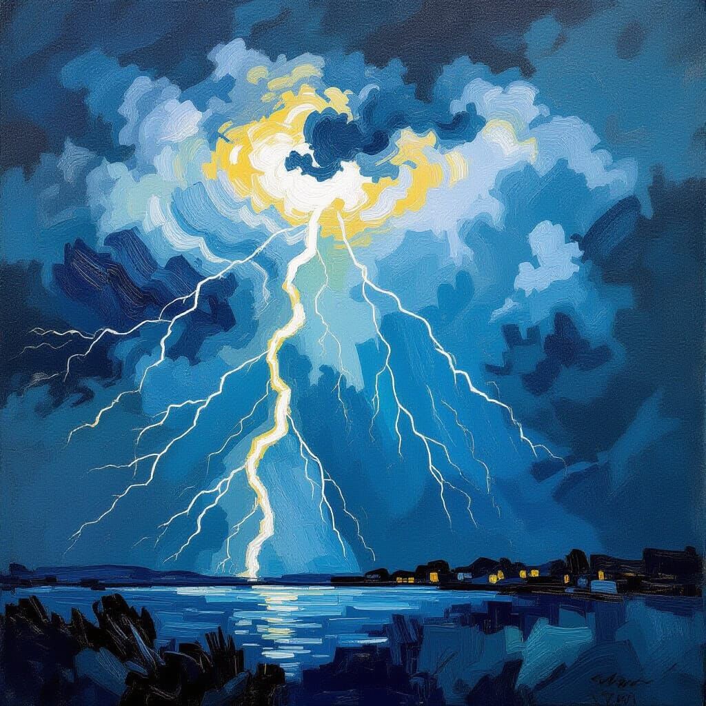 Lightning Storm in Post-Impressionist Style