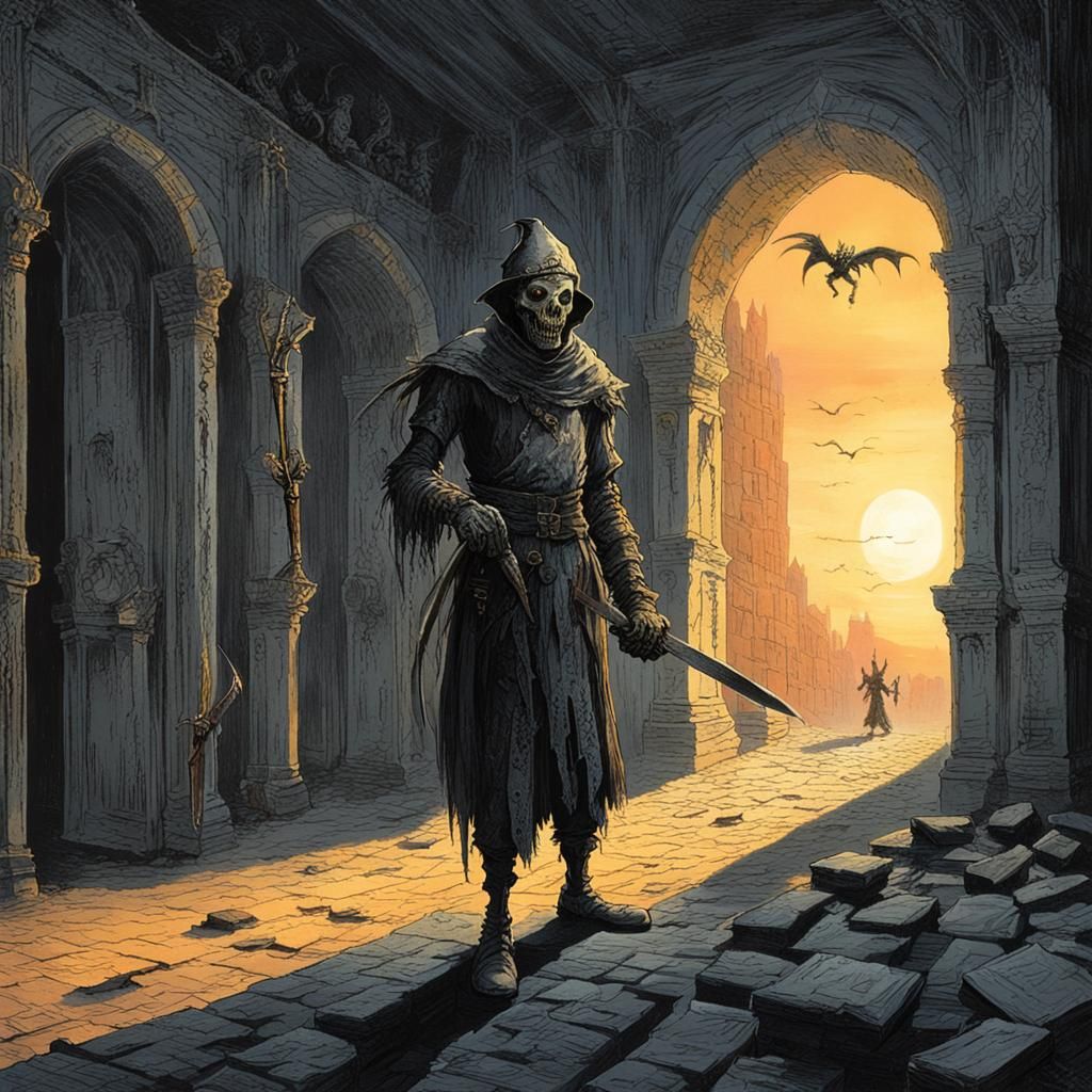 Mechanical Jester Roams Deserted Castle at Sunset