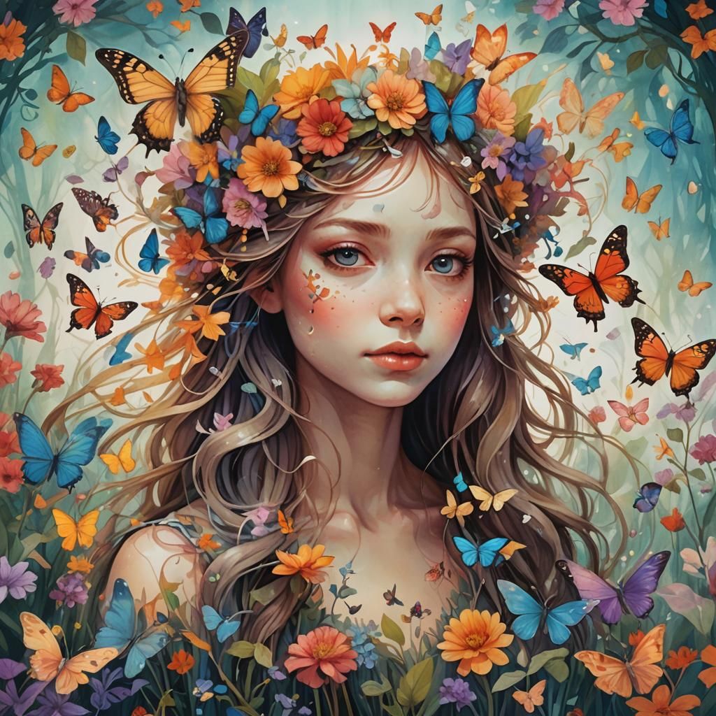 Girl in Flower Crown Double Exposure Illustration