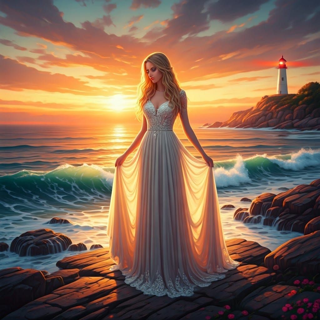 Ethereal Sunset Goddess on Rocky Shoreline