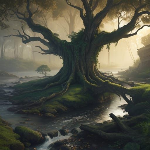 Iron Bark Tree Beside Stream and Bridge