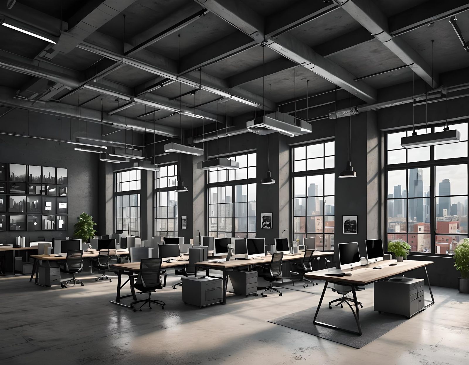Loft Office Interior with Cityscape: 3D Rendering