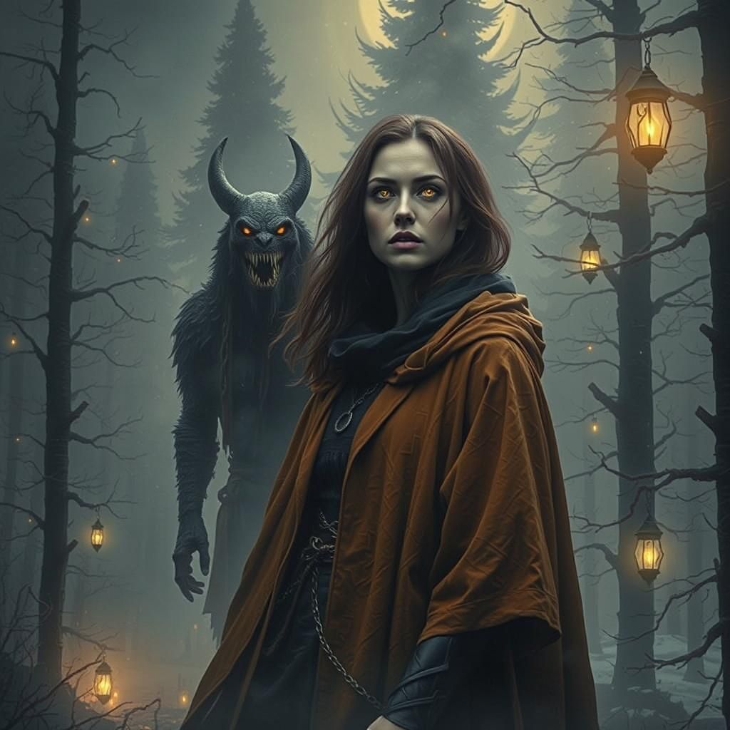 Eerie Woman with Glowing Eyes in Dark Fantasy Style