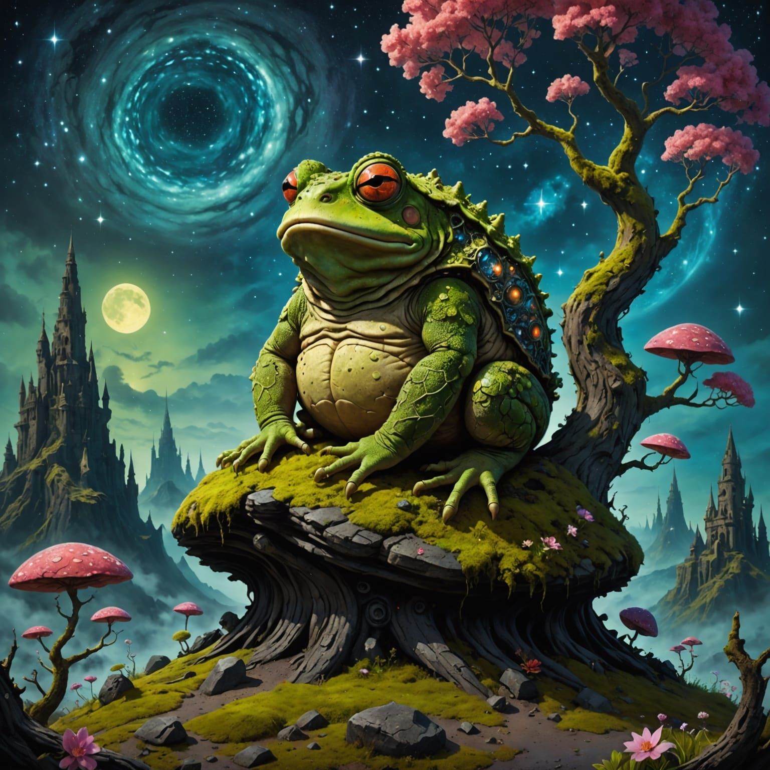 Colossal Toad King on Obsidian Throne in Alien World