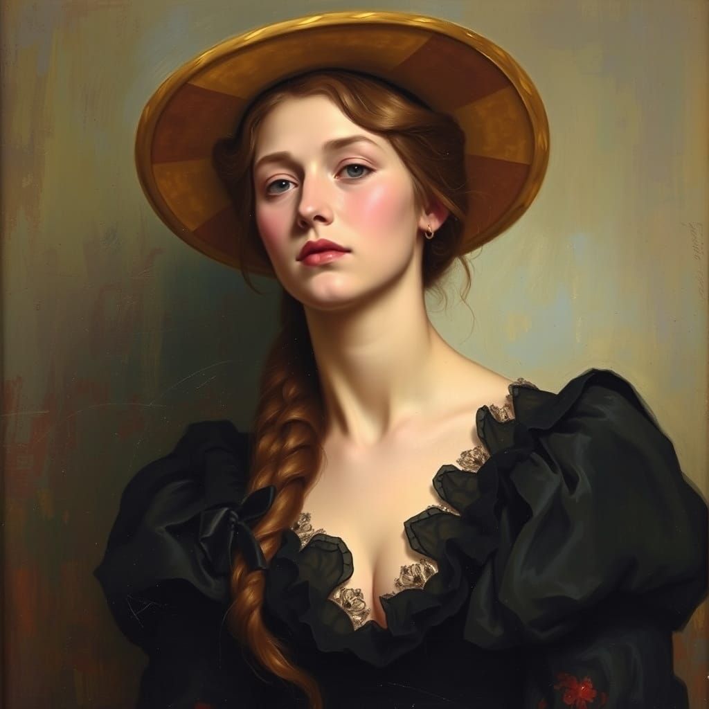 Beautiful Woman with Hat as Impasto Oil Painting