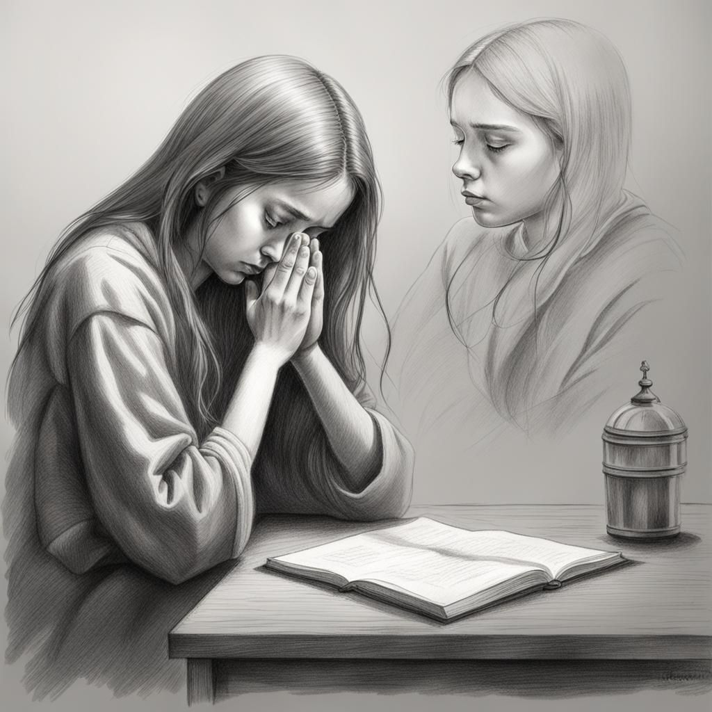 Pencil Sketch of Sad Transgender Girl Praying