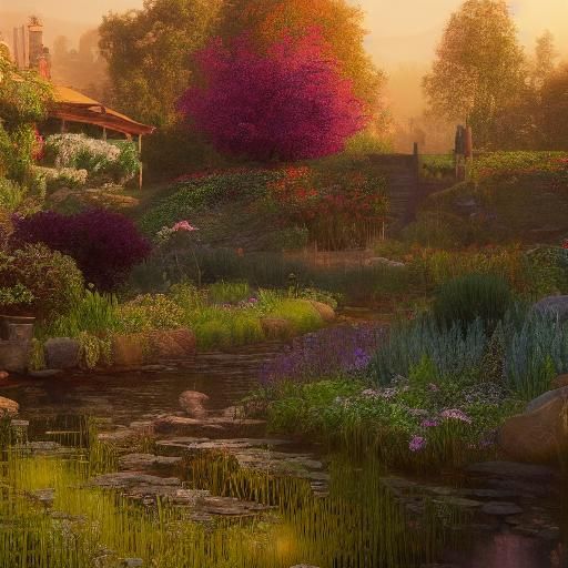 Golden Hour Rural Garden: Detailed Matte Painting