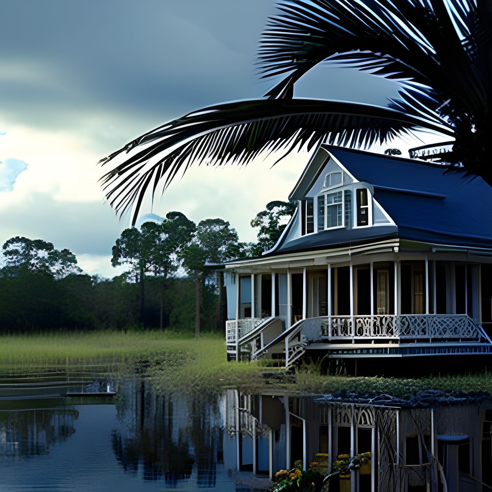 Ornate Louisiana House in Swamp Photo