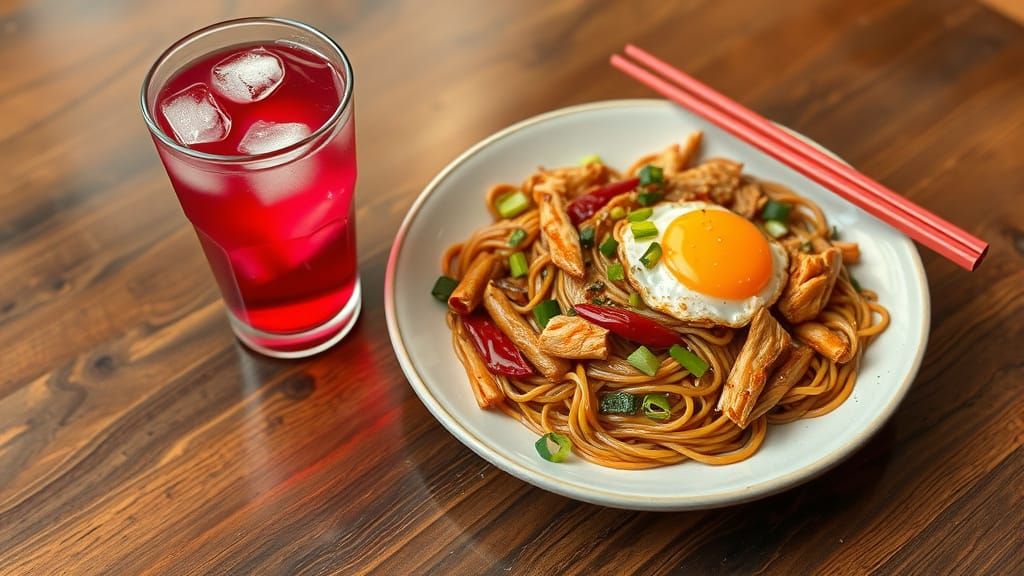 Delicious Stir-Fried Noodles and Raspberry Soda Still Life