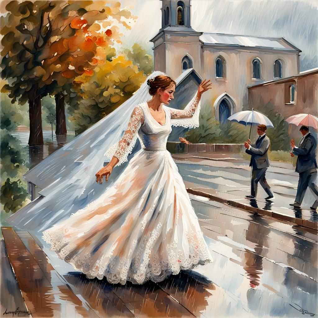 Woman Dancing in Rain in Gouache Impressionist Style