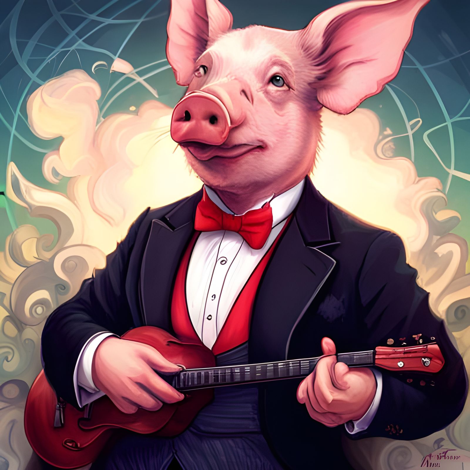 Pig in Tuxedo Riffs on Guitar, Detailed Portrait