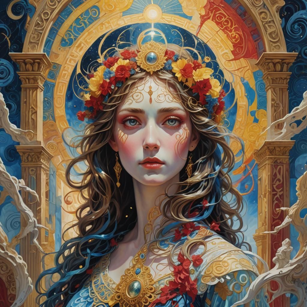 Surreal Temple Scene with Hair Halo, Salvador Dali Style