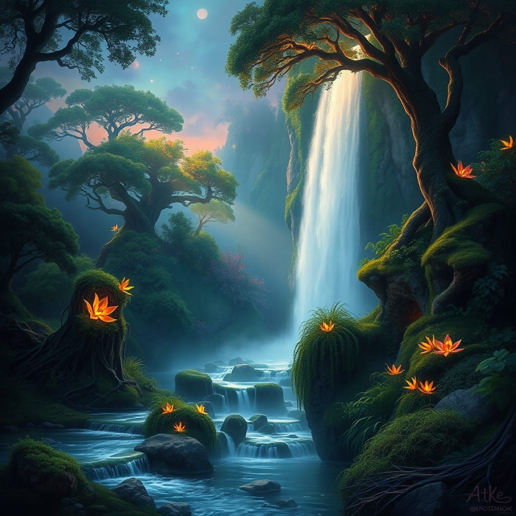 Lush Bioluminescent Jungle Oasis in Dreamy Matte Painting St...