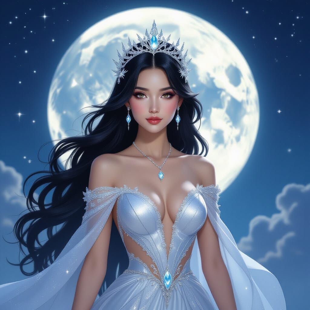 Elegant Moon Goddess in Shimmering Silver Dress