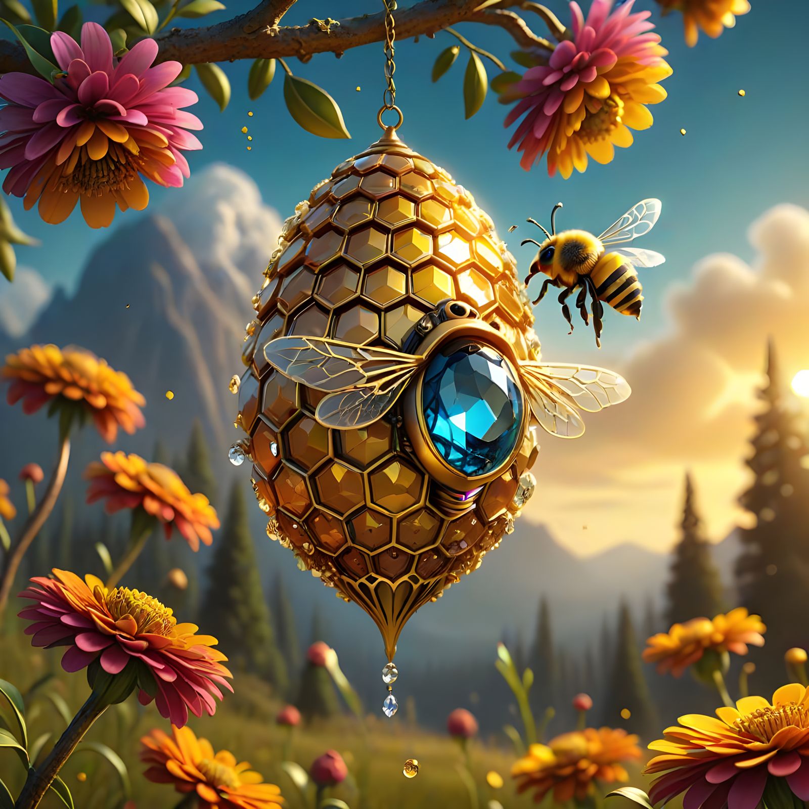 Crystal Beehive in Vibrant Meadow, Inspired by Fantastical F...