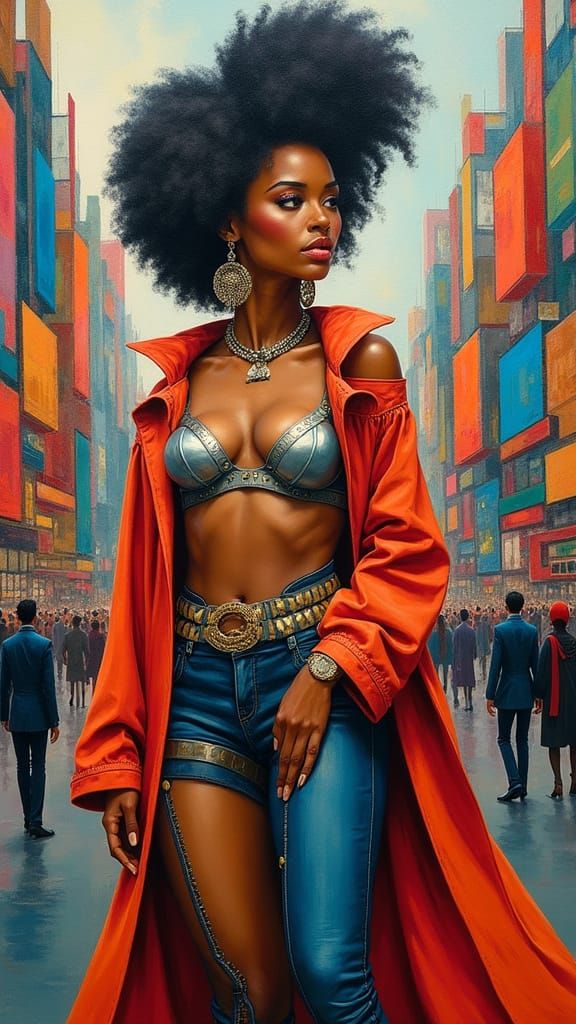 Resilient Black Woman in Afrofuturist Fashion, Cubist Style