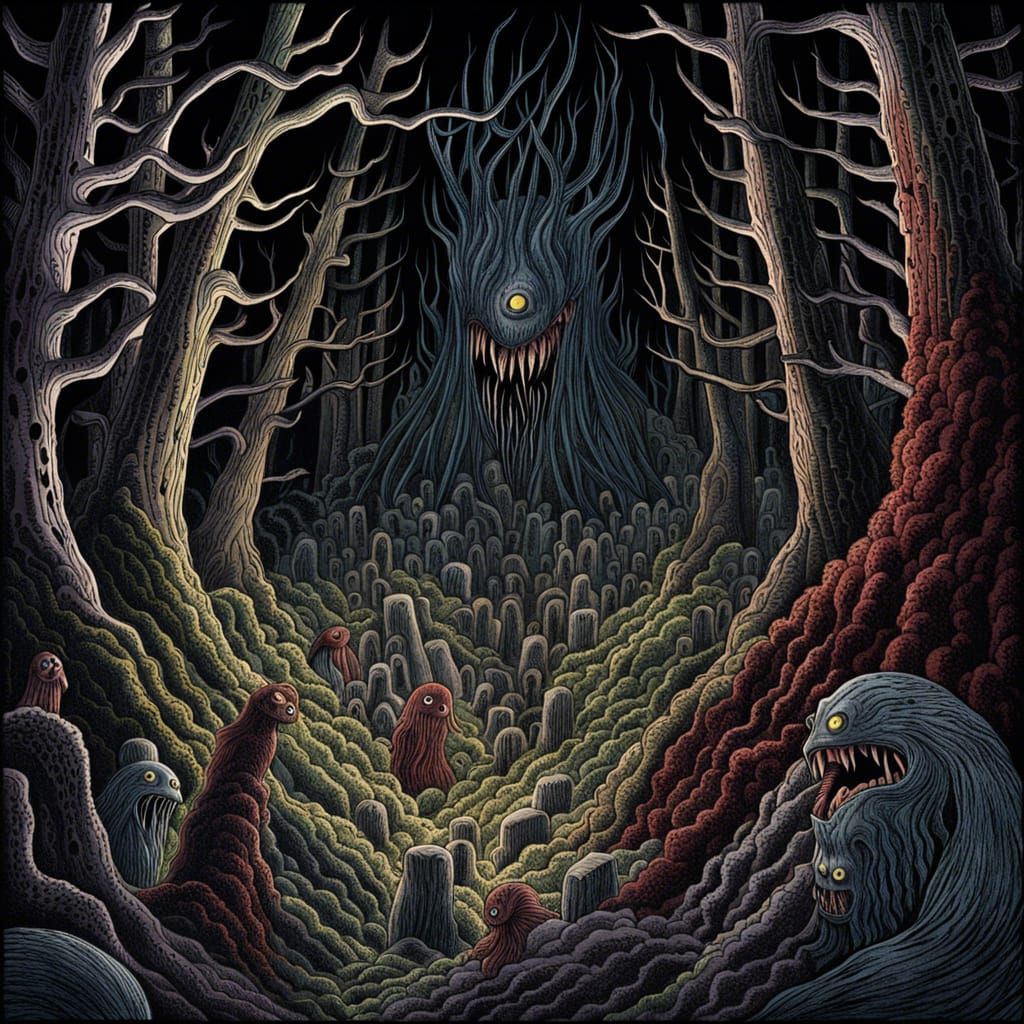 Horror Forest with Shadow Monsters in Anime Style