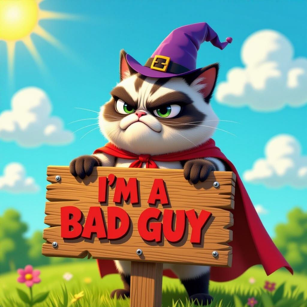 A grumpy adorable highly detailed CGI wooden sign that says ...