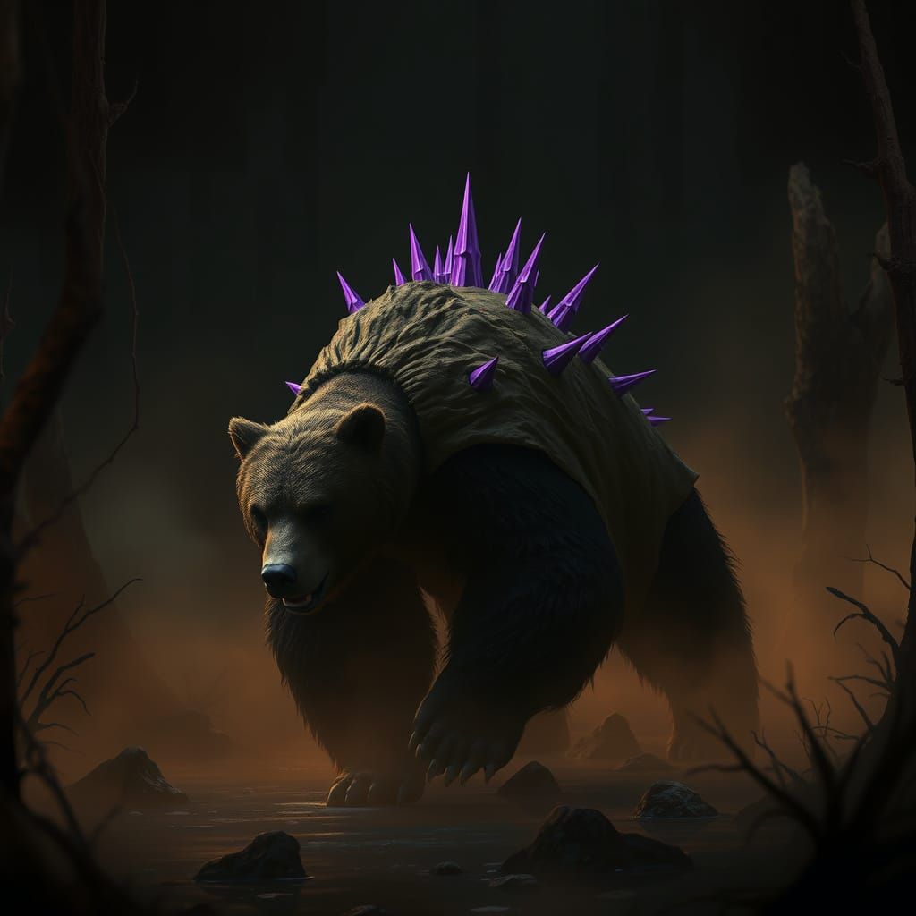 Bear with Purple Spikes in Murky Swamp