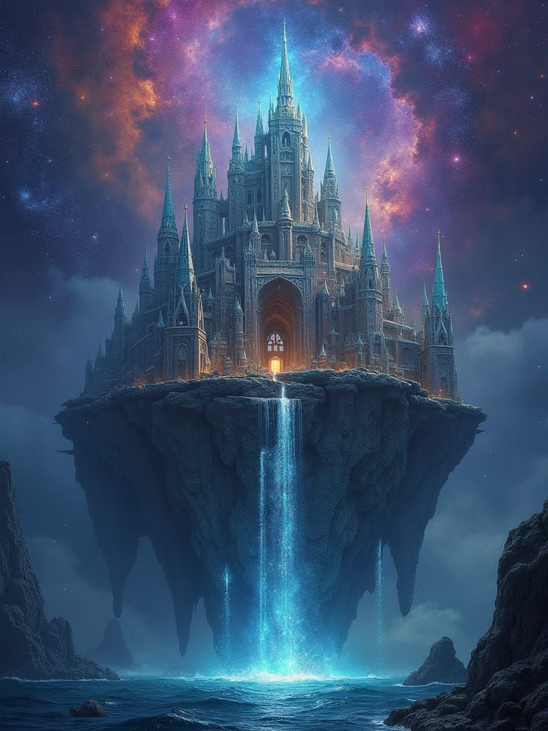 Floating Castle in Cosmic Surrealism Style