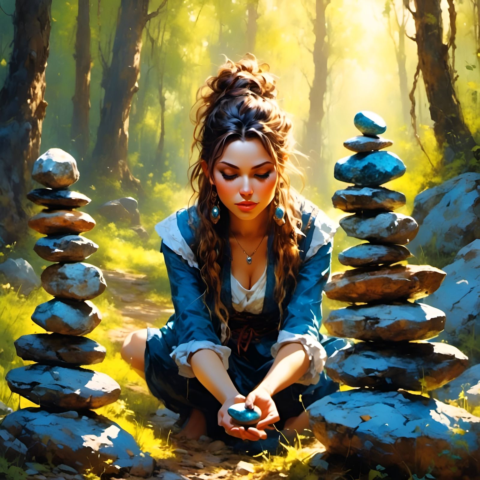 Magic Girl Balancing Stones in Oil Portrait Style