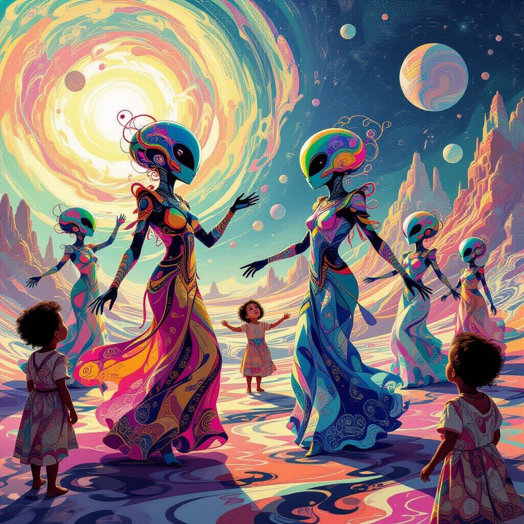 Ethereal Aliens Dance with Children on Swirling Planet