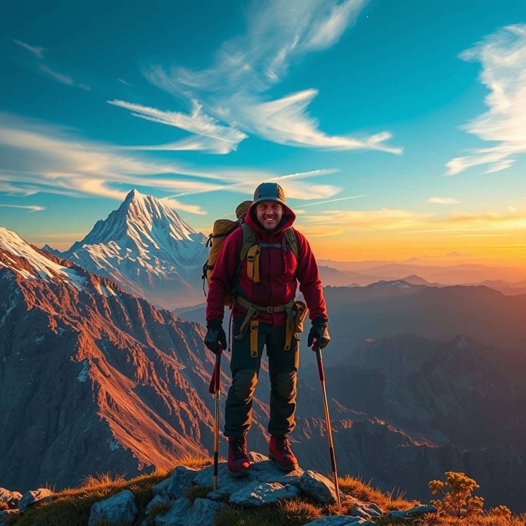 Climber Reaches Mountain Peak at Dawn in Polychromatic Style