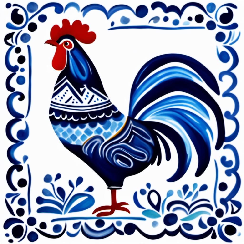 Surreal Blue Ceramic Rooster in Portuguese Azulejo Style