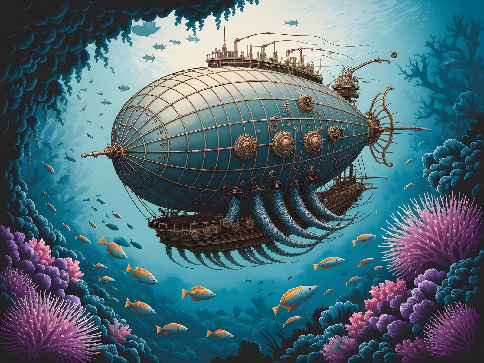 Steampunk Octopus Airship in Bioluminescent Coral Reef