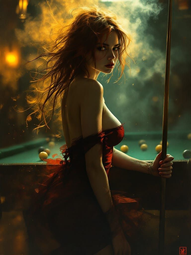 Woman with Red Hair Holds Pool Cue in Smoky Bar