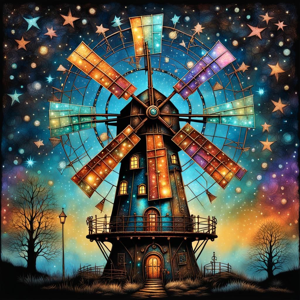 Surreal Steampunk Windmill with Stars and Lights