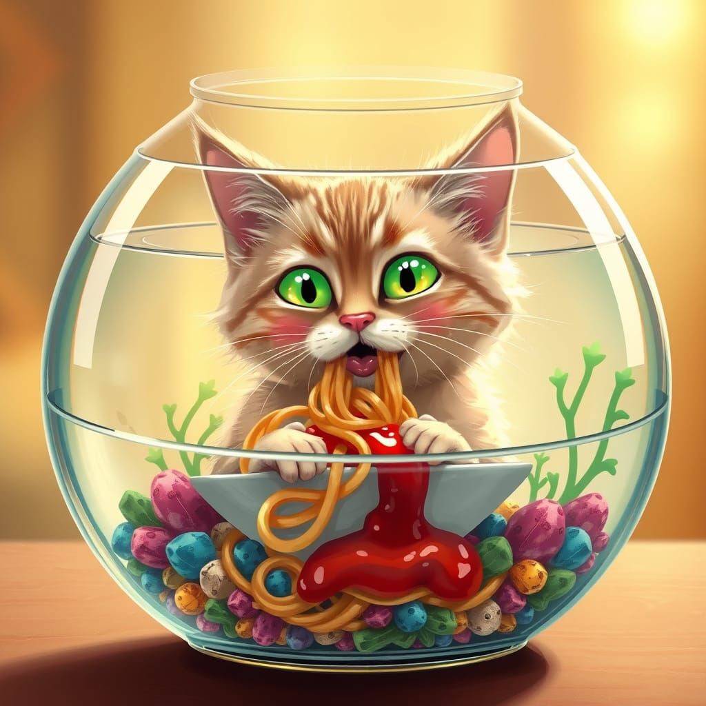 Fanciful Feline Diner in a Fishbowl