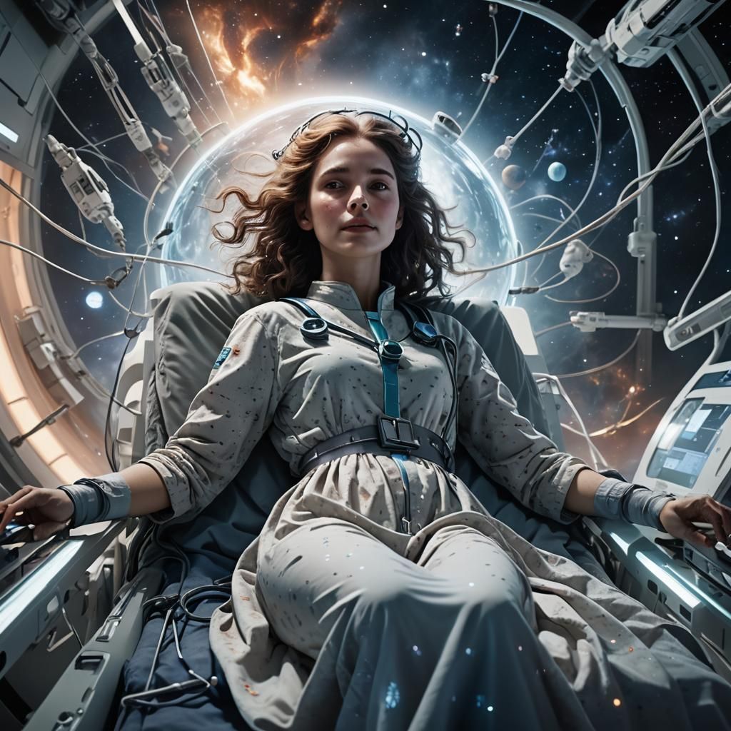 Woman in Space Hospital Bed: Surreal Concept Art