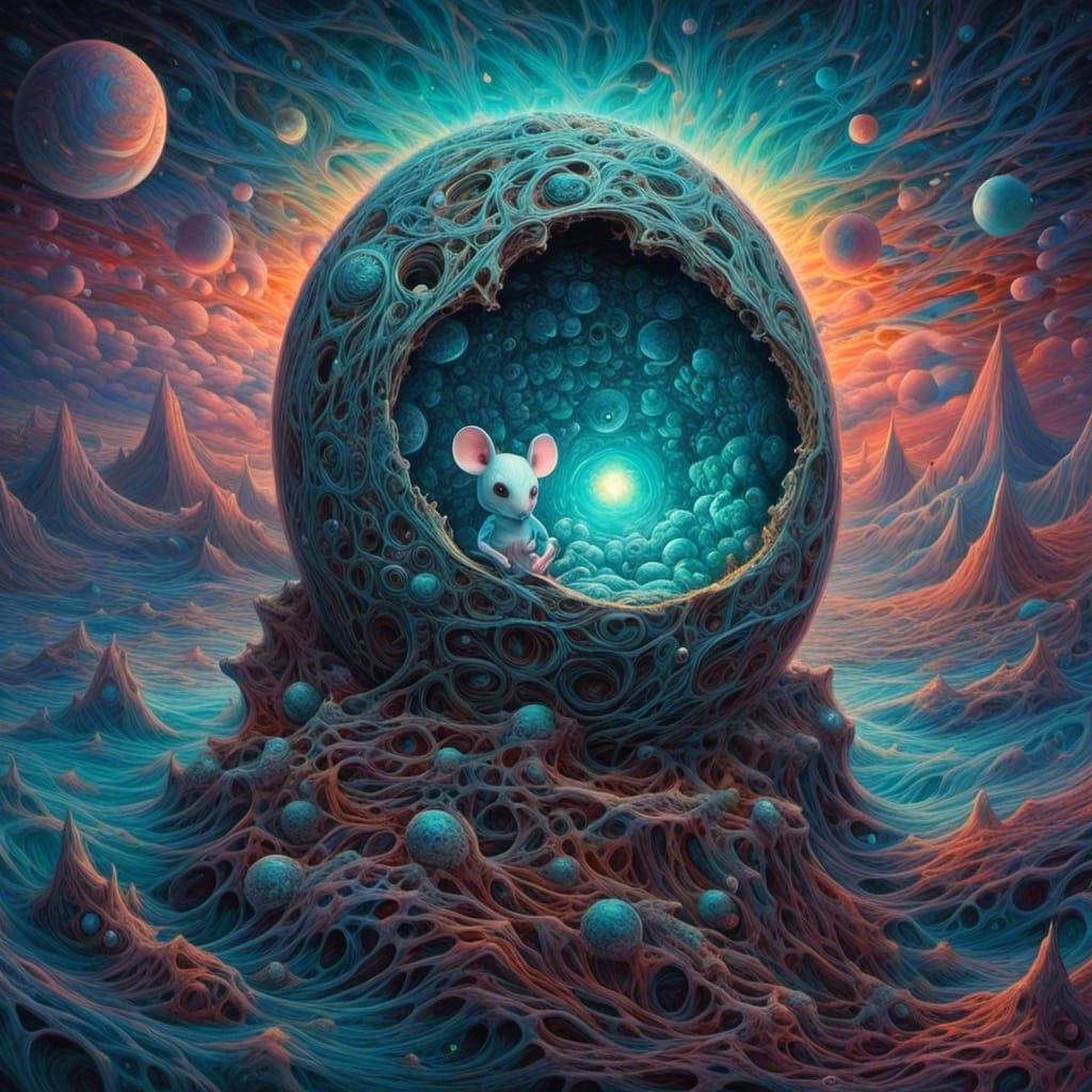 Surreal Aqua Chibi Mouse Hatching Planets