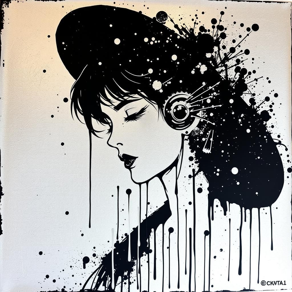 Silver Foil Ink Splash in Distressed Art Nouveau Style