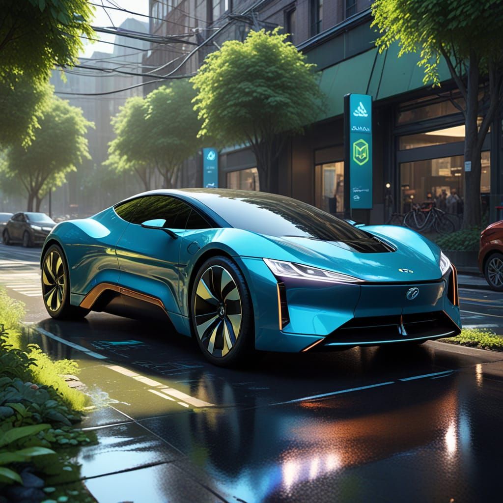 Futuristic Electric Car Surrounded by Green Energy: Sci-Fi A...