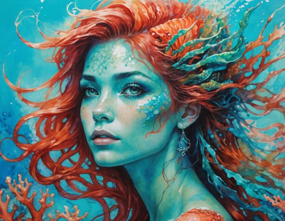 Mermaid Portrait with Coral Hair in Acrylic Style